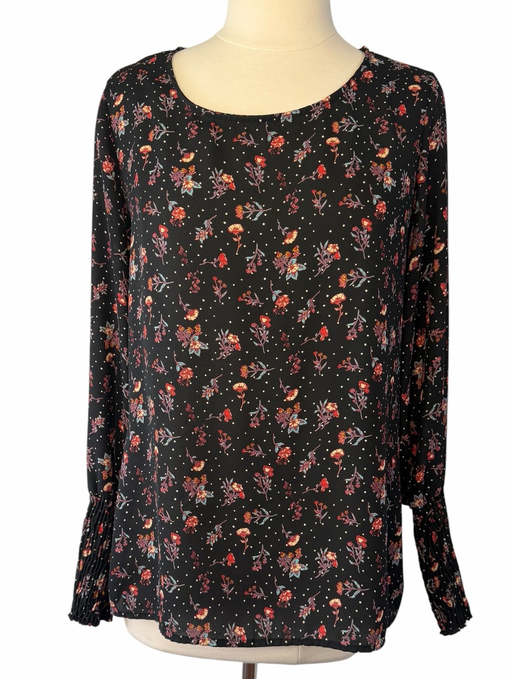 Anthropologie Pleione Top Flowy Scoop Neck Long Sleeve Floral Print Black - Picture 5 of 15